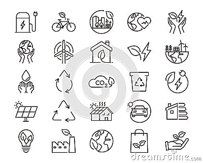 Set of 25 thin line icon illustration set related with sustainability, ecology and alternative eco friendly sources of energy Vector Illustration