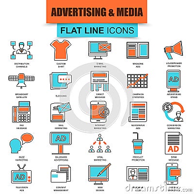 Set of thin line icons advertising media channels Vector Illustration