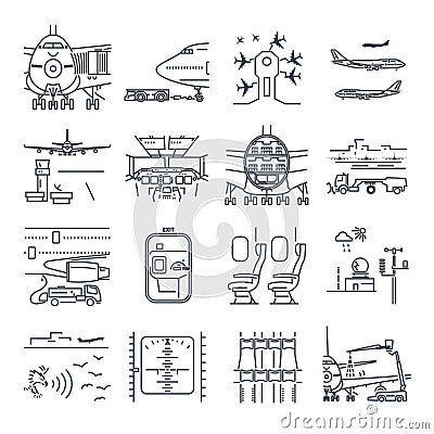 Set of thin line icons airport and airplane, ground handling Vector Illustration