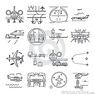 Set of thin line icons airport and airplane, jet Vector Illustration