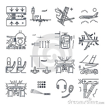 Set of thin line icons airport and airplane, terminal, runway Vector Illustration