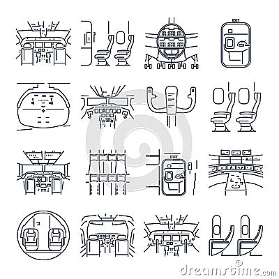 Set of thin line icons cockpit airplane, ship, cabin Vector Illustration