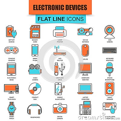 Set of thin line icons computer electronics and multimedia devices Vector Illustration