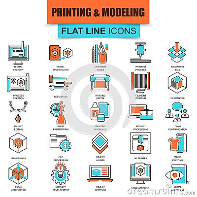 Set of thin line icons 3D printing and modeling technology Vector Illustration