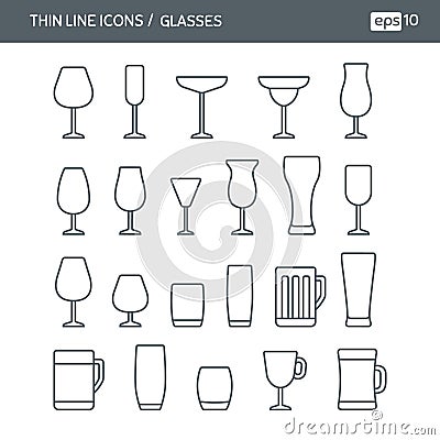 Set with thin line icons with different kind of glasses. Vector Illustration