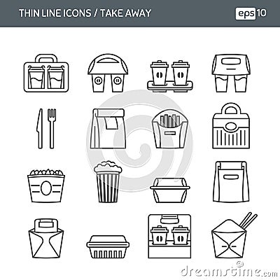 Set with thin line icons. Fast food. Take away Vector Illustration
