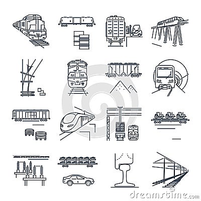 Set of thin line icons freight and passenger rail transport Vector Illustration