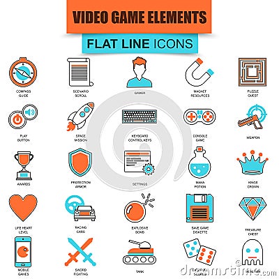 Set of thin line icons game objects, mobile gaming elements Vector Illustration