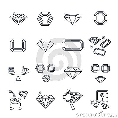 Set of thin line icons gemstone, jewelry, brilliant Vector Illustration
