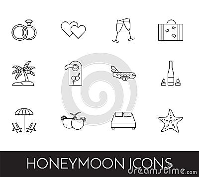 Set of thin line icons with honeymoon symbols Wedding trip Vector Illustration