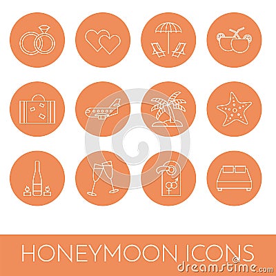 Set of thin line icons with honeymoon symbols Wedding trip Vector Illustration