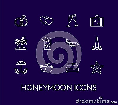 Set of thin line icons with honeymoon symbols Wedding trip Vector Illustration