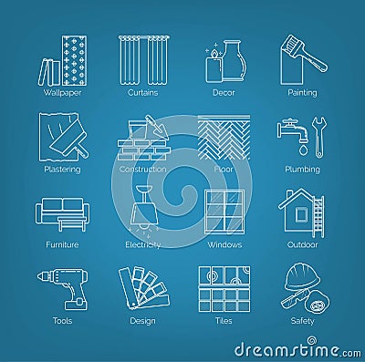 A set of thin line icons for house design, repair, construction, decoration, renovation. Including tolls, activities and Vector Illustration