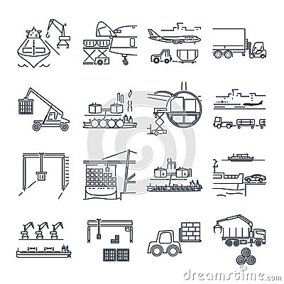 Set of thin line icons loading and unloading of goods Vector Illustration