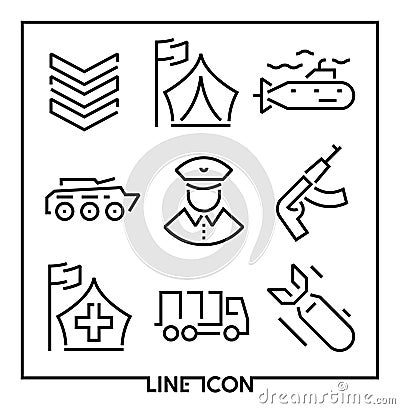 Set of thin line icons for military war and army Vector Illustration