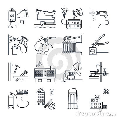 Set of thin line icons public utility, electricity, gas, water Vector Illustration