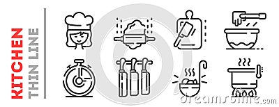 Set of thin line icons related with cooking process isolated on white. Vector Illustration