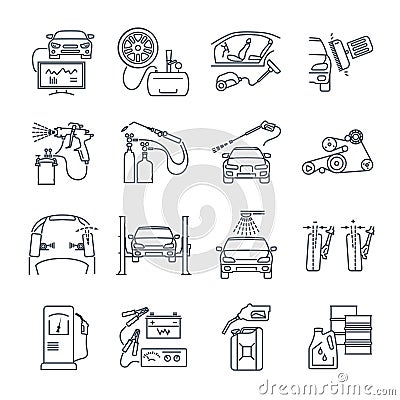 Set of thin line icons servicing, maintenance of car and auto Vector Illustration