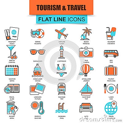 Set of thin line icons tourism recreation, travel vacation to resort hotel Vector Illustration