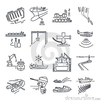 Set of thin line icons water transport and sea port, gas tanker Vector Illustration