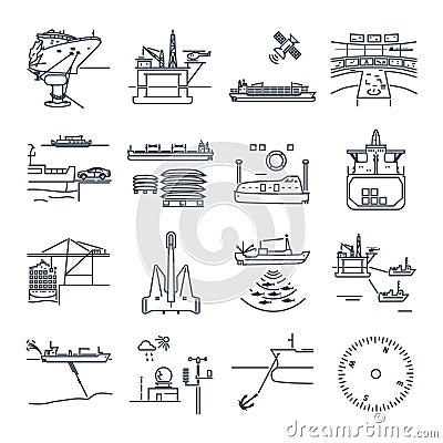 Set of thin line icons water transport and sea port, platform Vector Illustration