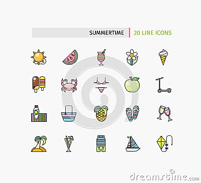 Set of Thin Lines Icons Summertime Vector Illustration