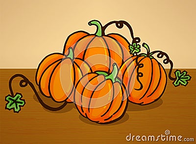 Set of thin outline cute and fresh pumpkins with leafon brown background. hand drawn vector. doodle fruit and vegetable for kids, Vector Illustration