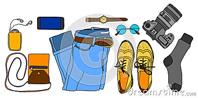 Set of things for travel or vacation. Vector Illustration