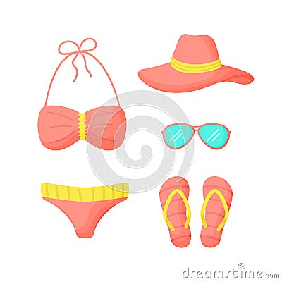 Set of things for a vacation at sea. Ð¡ollection summer travel items for woman. Swimsuit, glasses, flip-flops, hat Vector Vector Illustration