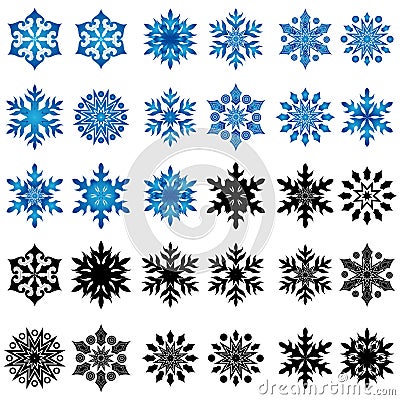 Set of thirty blue and black snowflakes Vector Illustration