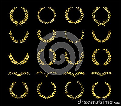 Set of thirty different golden silhouette laurel foliate, oak and olive wreaths depicting an award, achievement, heraldry, Vector Illustration