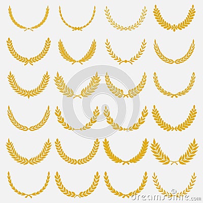 Set of thirty different golden silhouette laurel foliate, oak and olive wreaths Vector Illustration