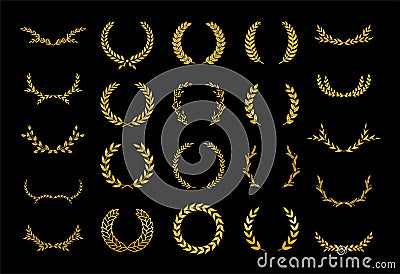 Set of thirty different golden silhouette laurel foliate, wheat and olive wreaths depicting an award, achievement, heraldry, Vector Illustration