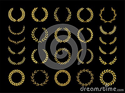 Set of thirty different golden silhouette laurel foliate, wheat and olive wreaths depicting an award, achievement, heraldry, Vector Illustration