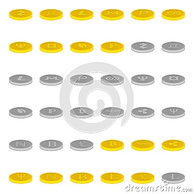 Set of thirty six icons of gold and silver coins with images of symbols of various digital cryptographic currents, bitcoin Stock Photo