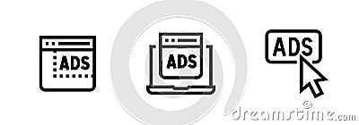 Set of three ads blocking icons. Editable line vector. Vector Illustration