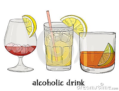 Set of three alcoholic beverages. Colorful vector illustration in sketch style. Vector Illustration