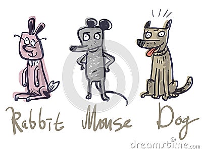 Set Three animals. Rabbit, Mouse and Dog Vector Illustration