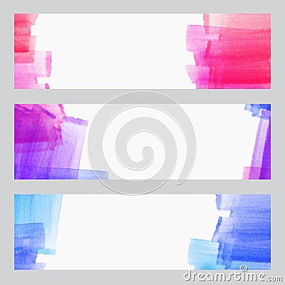 Set of three banners, abstract headers with watercolor look colorful strokes, abstract background artistic collection Vector Illustration