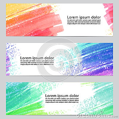 Set of three banners, abstract headers with watercolor look colorful strokes, abstract background artistic collection Vector Illustration