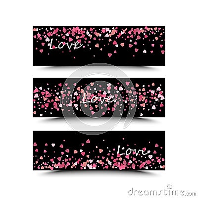 Set of three banners with red hearts. Valentine`s Day. Vector background Vector Illustration