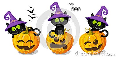 Set of three black kittens sitting on halloween pumpkins, on a white background. Hand drawing cartoon illustration Cartoon Illustration