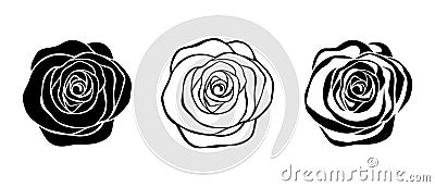Set of three black and white roses. Black silhouettes and line art vector illustrations. Vector Illustration