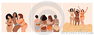 Set of three Body, different and diversity with underwear, women with fitness and beauty Vector Illustration