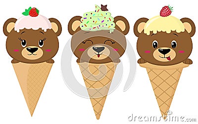 A set of three brown bears in the image of an ice cream. Vector Illustration