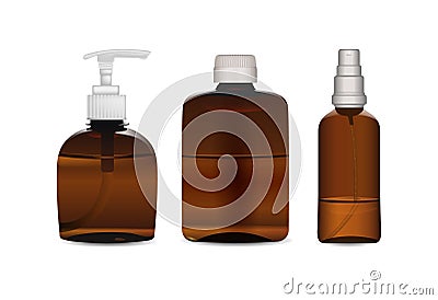 A set of three brown plastic and glass bottles Vector Illustration