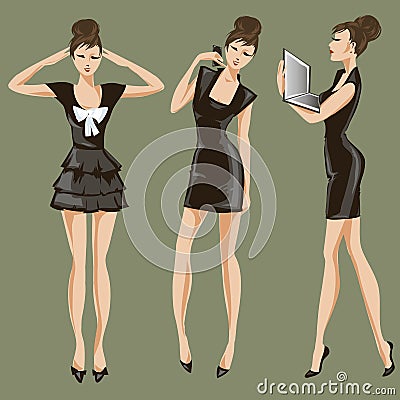 Set of three business lady flat style woman people Cartoon Illustration