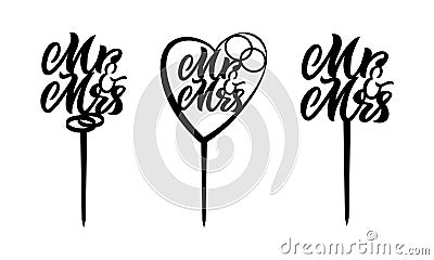 Set of three cake toppers Mr and Mrs with heart, rings. Vector laser cut files Vector Illustration