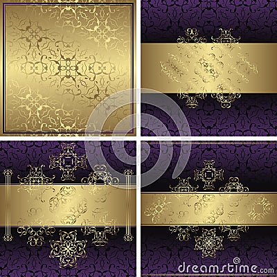 Set of three cards with decorative elements and seamless pattern Vector Illustration