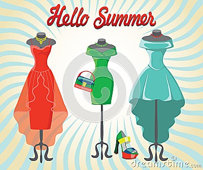 Set of three coctail dresses with accessories.Hello summer Vector Illustration